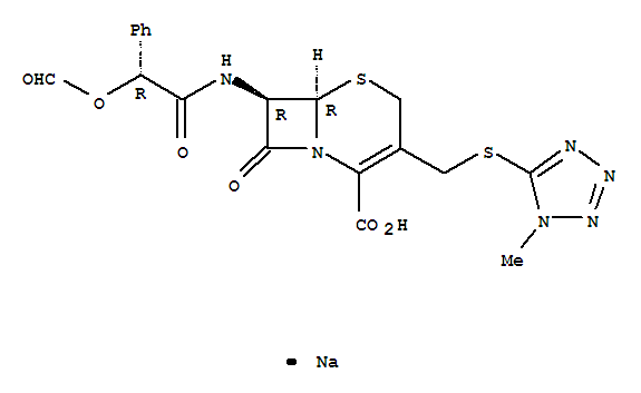 頭孢孟多酯鈉; 7-D-(2-甲酰氧苯乙酰胺)-3-[(1-甲基-1H-四唑-5-基)硫甲基]-8-氧代-5-硫雜-1-氮雜雙環(huán)[4.2.0]辛-2-烯-2-甲酸鈉鹽